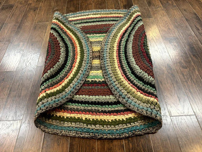 Antique American Braided Rug 5x7, Oval Multicolor Handmade Wool Braided Carpet