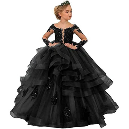 Black girls lace princess gown with long sleeves and layered tulle skirt by Solstik