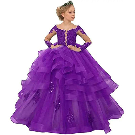 Purple girls lace princess gown with layered tulle skirt and floral lace detailing by Solstik