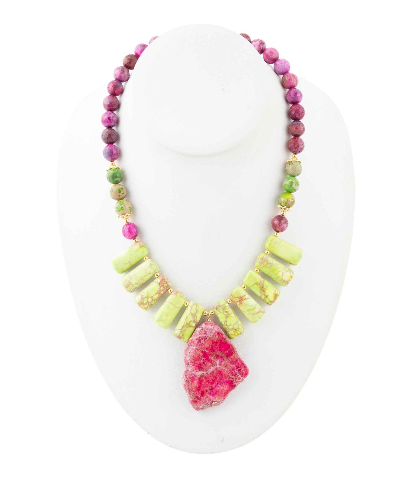 Pink Jasper Lime Green Pendant Golden Necklace