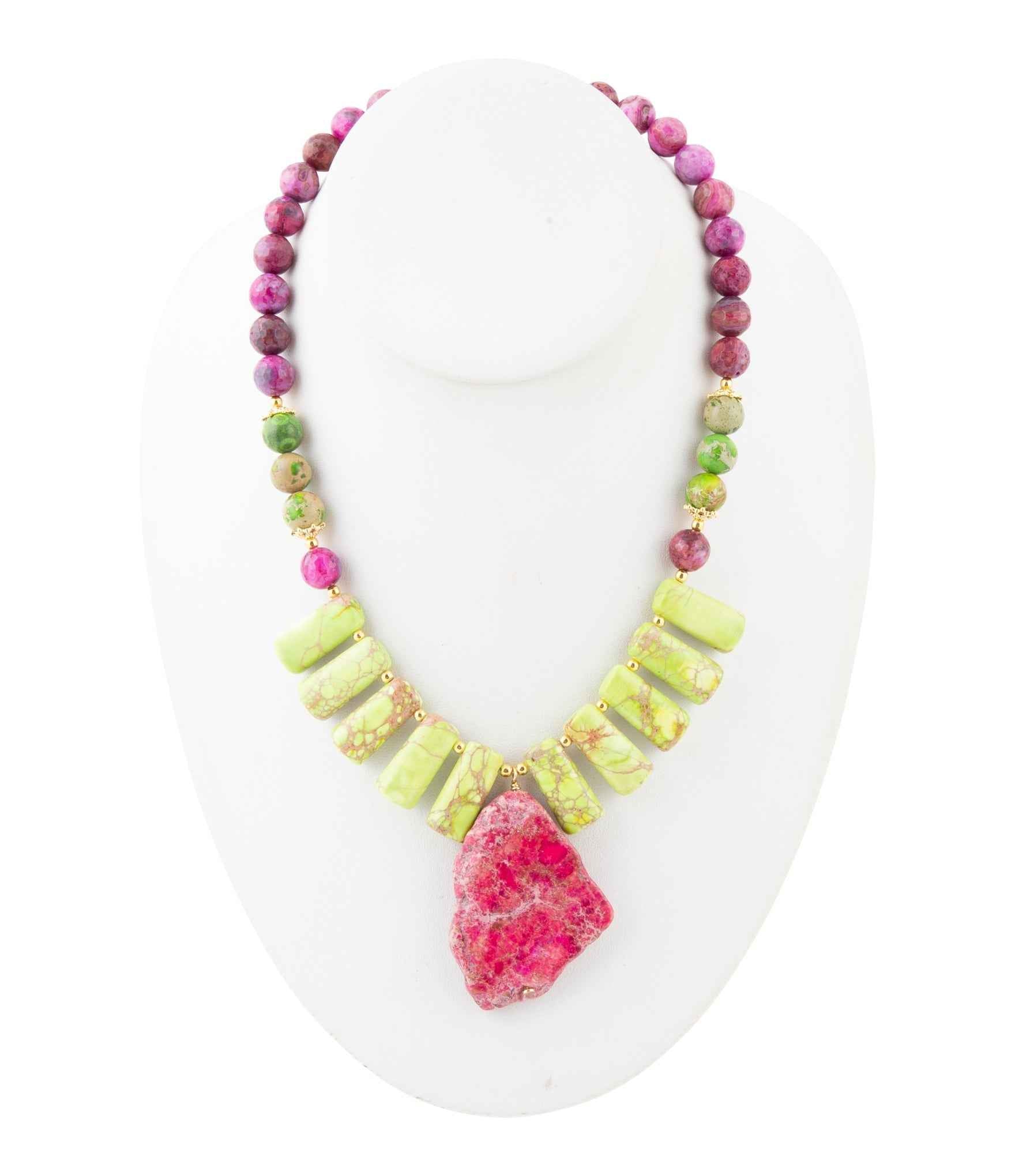 Pink Jasper Lime Green Pendant Golden Necklace