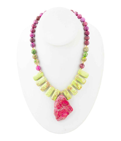 Pink Jasper Lime Green Pendant Golden Necklace