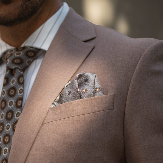 Pascal - Double Sided Silk Pocket Square - Grey & Bronze - Solstik