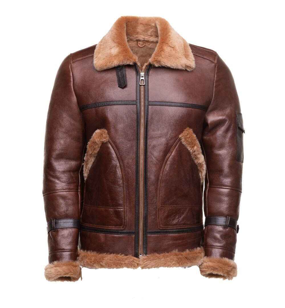 Handmade Esa Brown Bomber Sheepskin Faux Shearling Jacket With Large Pockets