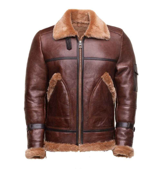 Handmade Esa Brown Bomber Sheepskin Faux Shearling Jacket With Large Pockets