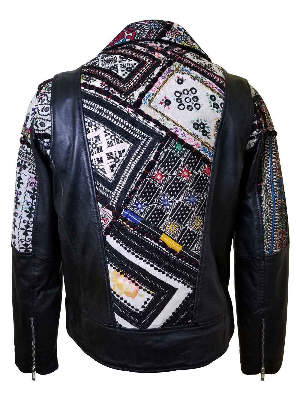Handmade  Bohemian Leather Jacket With Tribal Hand Embroidered Fabric