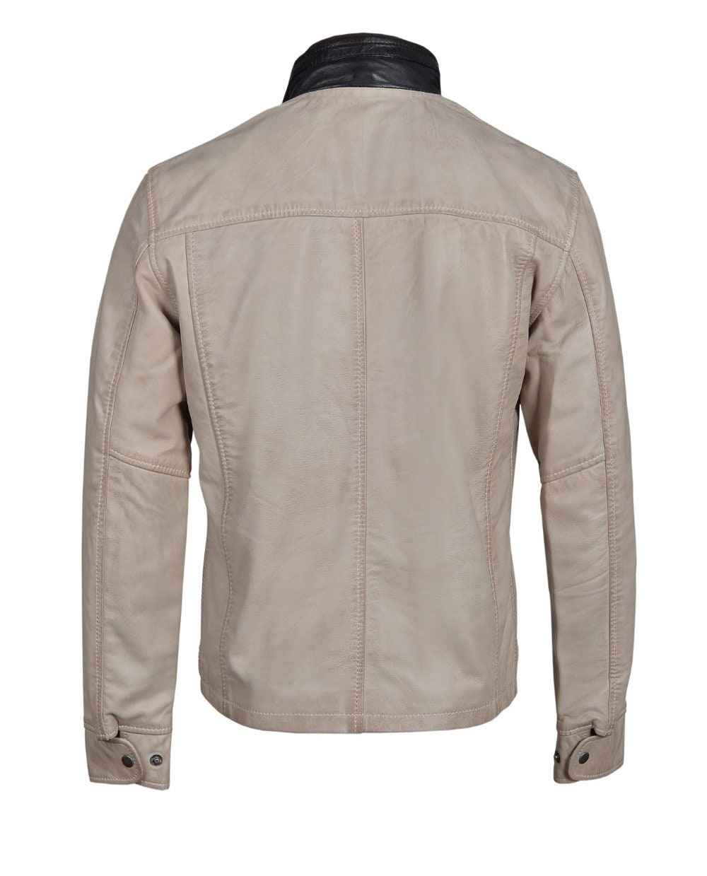 Handmade Barnes Bone White Hand Waxed Double Collar Leather Jacket