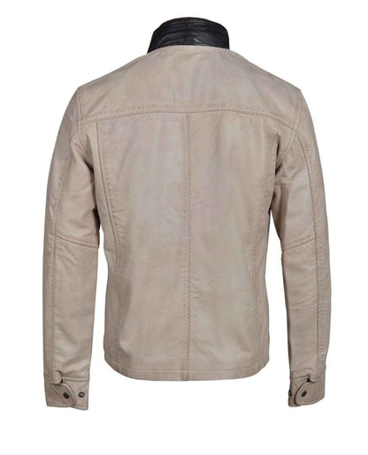 Handmade Barnes Bone White Hand Waxed Double Collar Leather Jacket