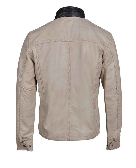 Handmade Barnes Bone White Hand Waxed Double Collar Leather Jacket