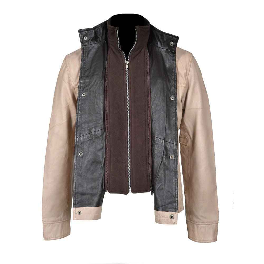 Handmade Barnes Bone White Hand Waxed Double Collar Leather Jacket
