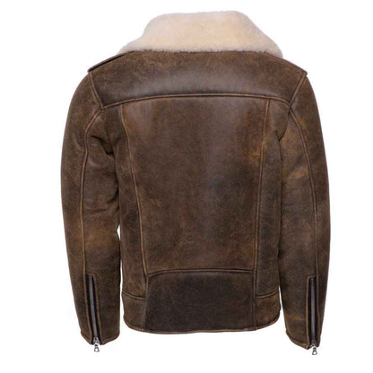Handmade  Carter Distressed Biker Bomber Shearling Jacket With Notch Lapels
