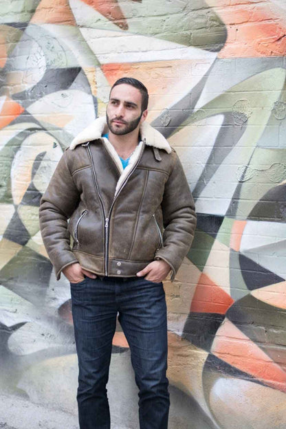 Handmade  Carter Distressed Biker Bomber Shearling Jacket With Notch Lapels
