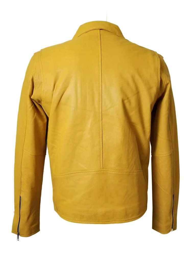 Handmade  Olson's Yellow Biker Style Leather Jacket With Waist Belt