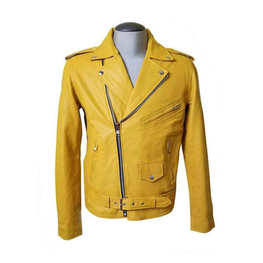 Handmade  Olson's Yellow Biker Style Leather Jacket With Waist Belt