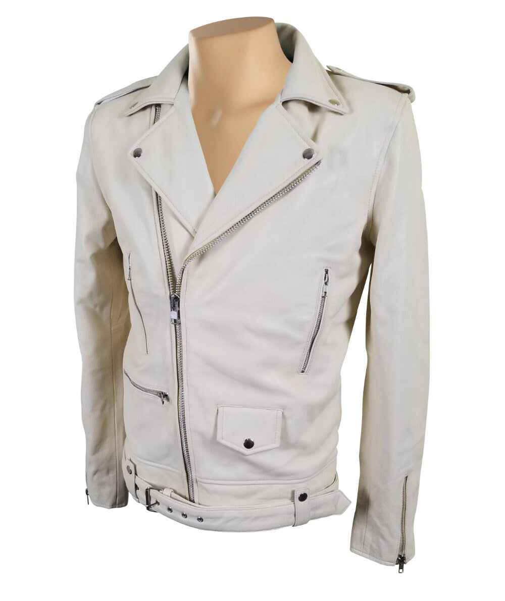 Handmade Holman's Cream Color Biker Leather Jacket With Waist Belt