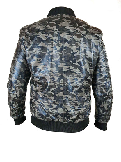 Handmade Bomber Grey Camouflage Military Print Leather Jacket