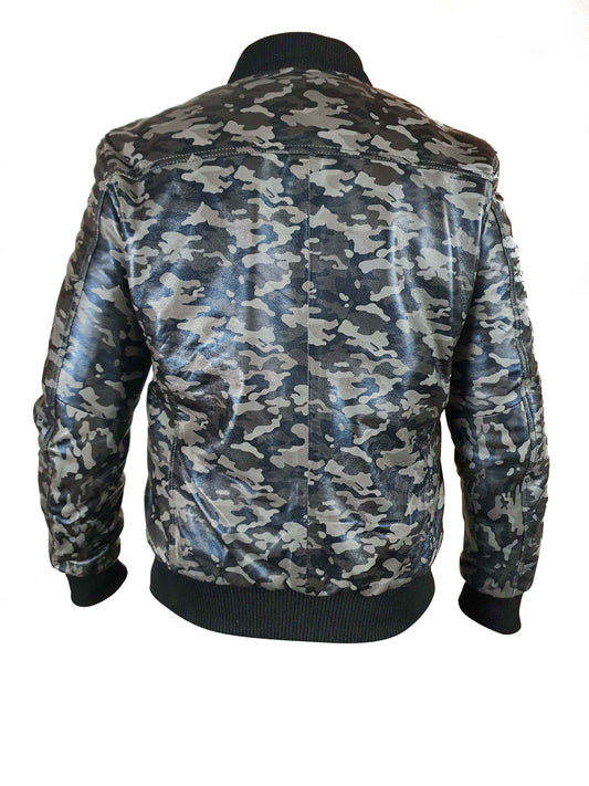Handmade Bomber Grey Camouflage Military Print Leather Jacket