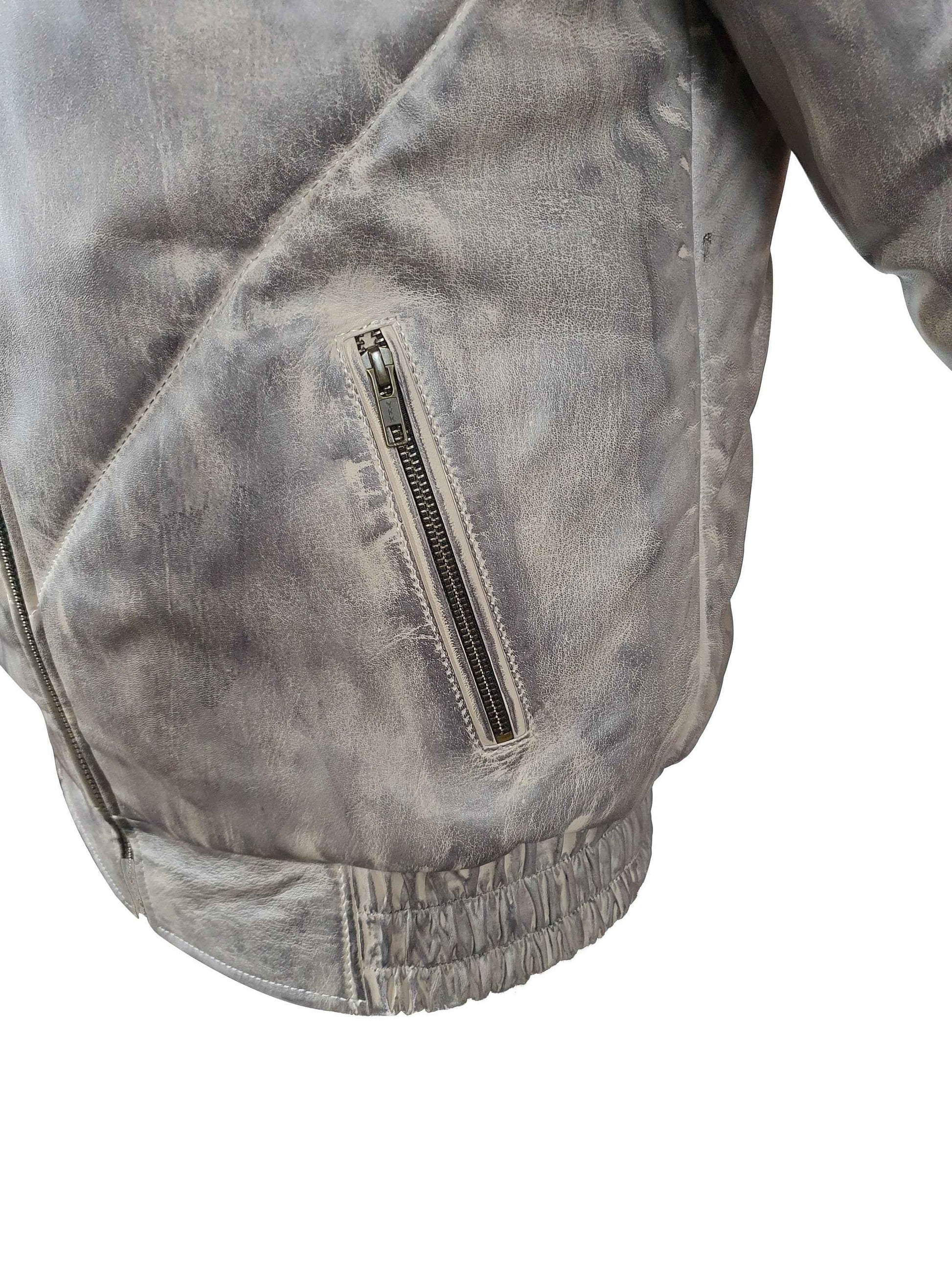 Handmade Casper's V-Bomber Style Puffer Winter Leather Jacket With White Fox Fur Collar