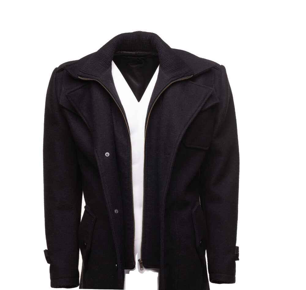 Handmade Black Wool 3/4 Length Trench Coat