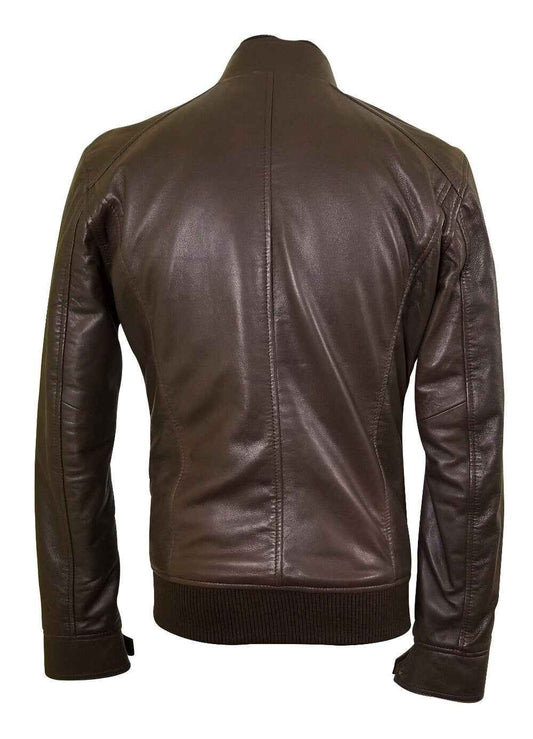 Handmade Brown Leather Jacket With Straight Ribbed Collar, Cuffs And Hem