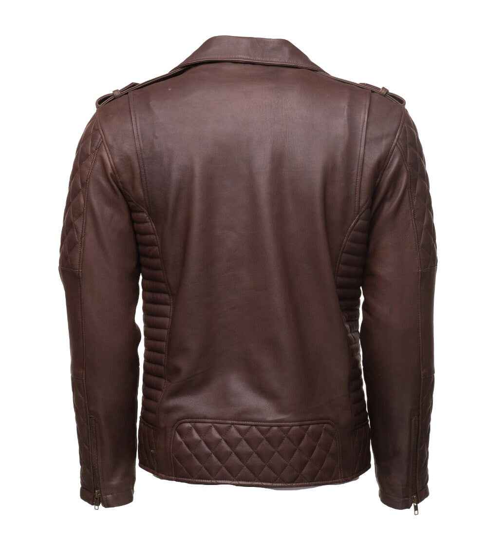 Handmade  Brown Quilted Biker Leather Jacket With Diamond Stitching Details
