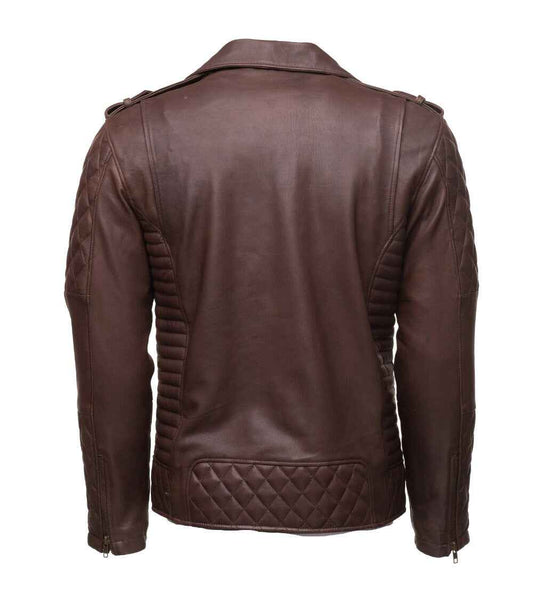 Handmade  Brown Quilted Biker Leather Jacket With Diamond Stitching Details