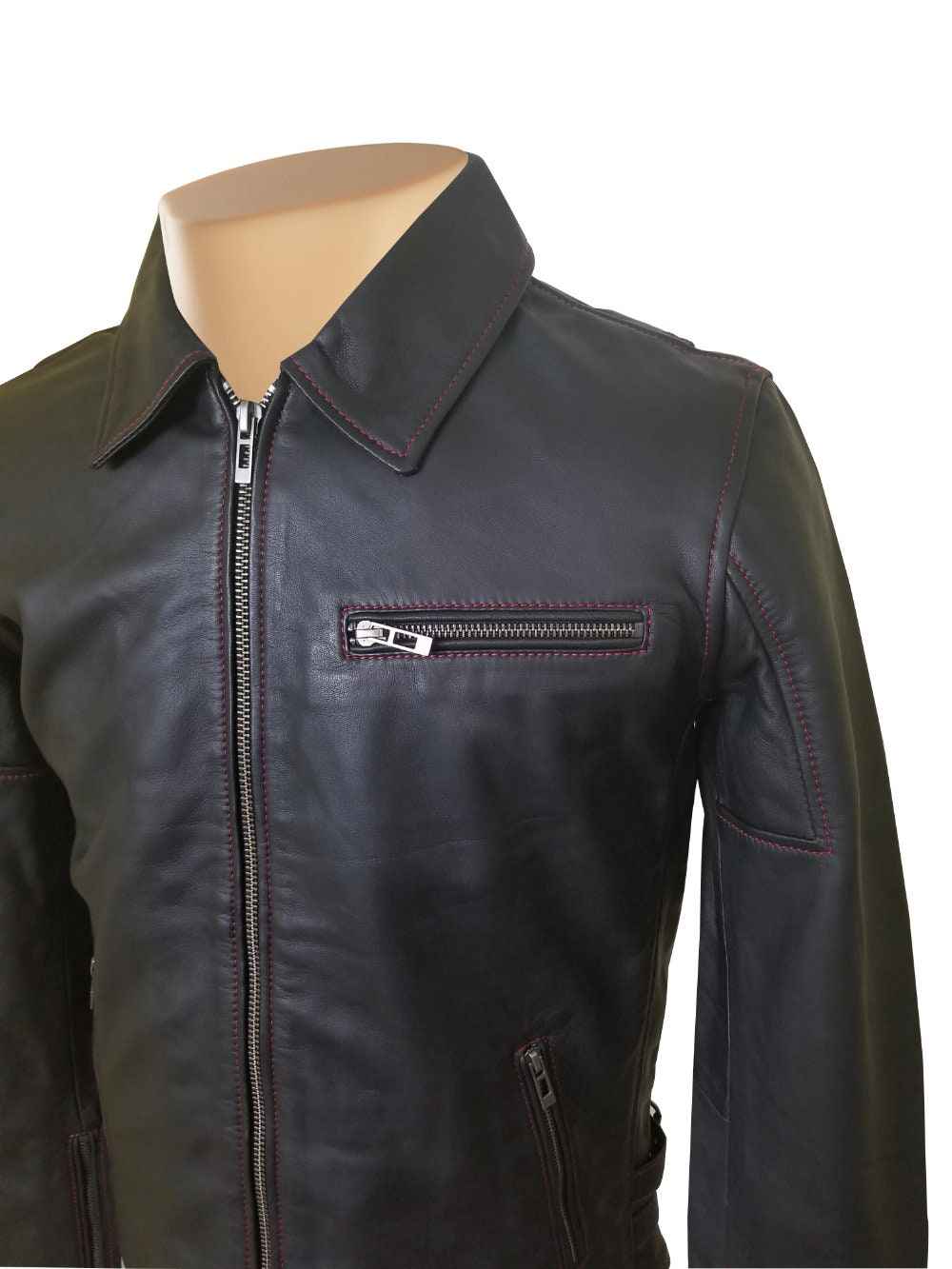 Handmade Bonnie's Black Leather Jacket With Red Stitching