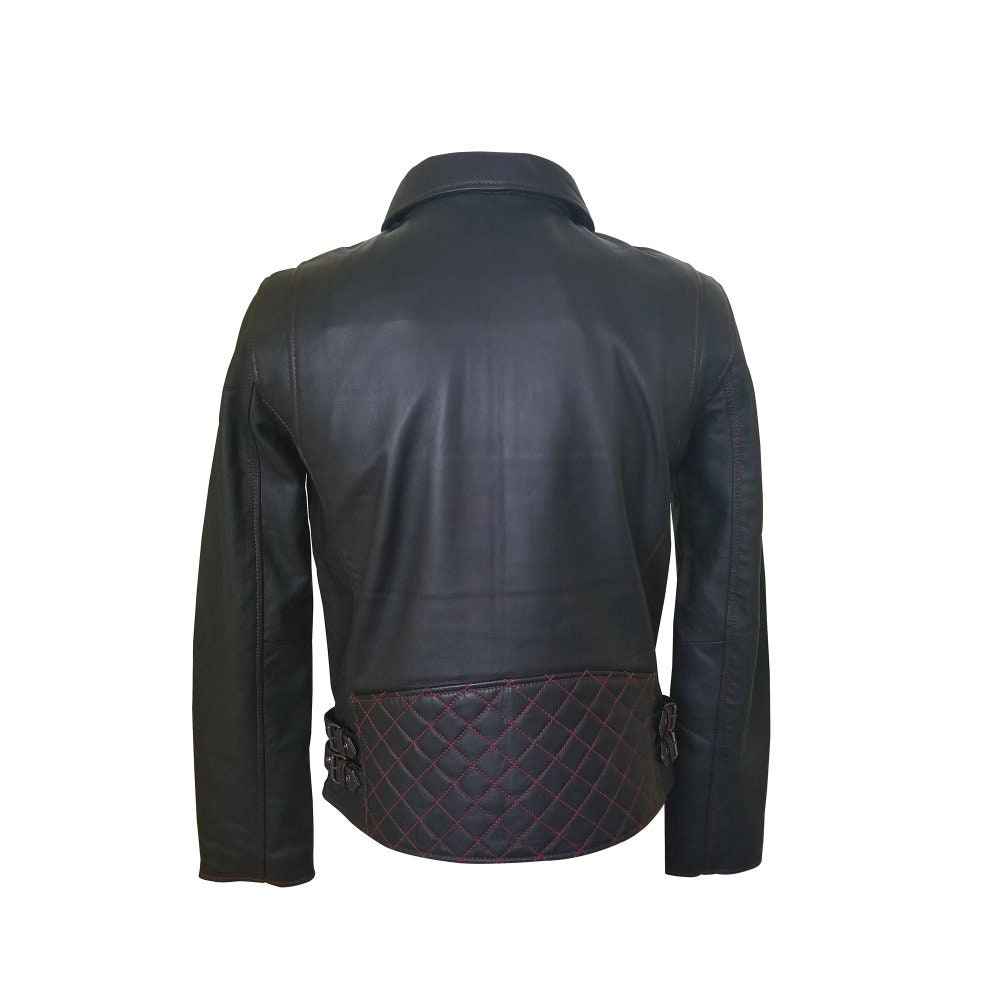 Handmade Bonnie's Black Leather Jacket With Red Stitching