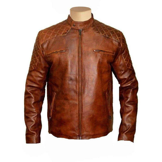 Handmade Vintage Cafe Racer Leather Jacket With Quilted Patches