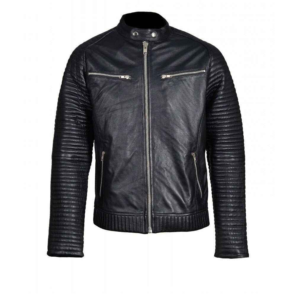 Handmade Haworths Moto Style Leather Jacket With Patterned Sleeves