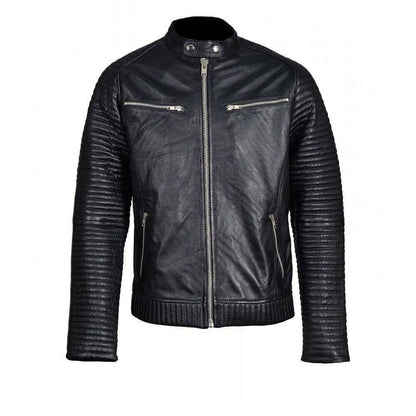 Handmade Haworths Moto Style Leather Jacket With Patterned Sleeves