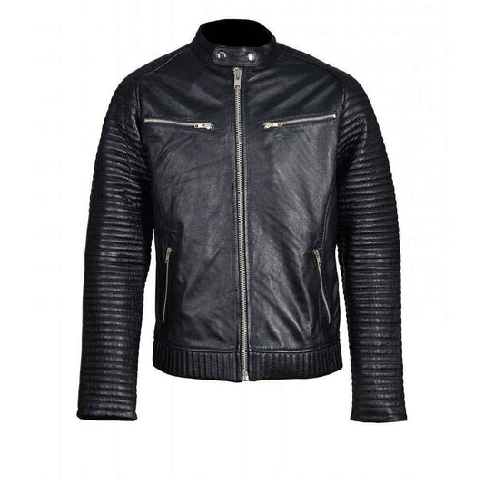 Handmade Haworths Moto Style Leather Jacket With Patterned Sleeves