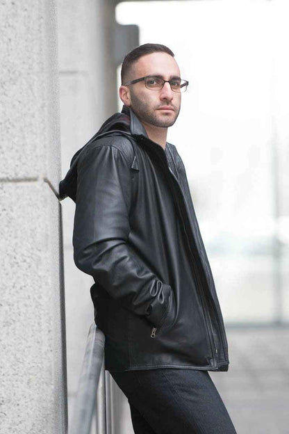 Handmade Dapper Zip Up Leather Jacket With Hoodie