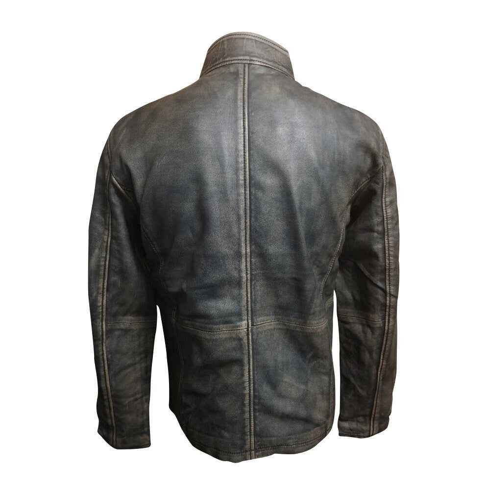 Handmade Kwame's Vintage Style Leather Jacket With Straight Collar