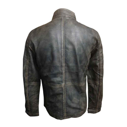 Handmade Kwame's Vintage Style Leather Jacket With Straight Collar
