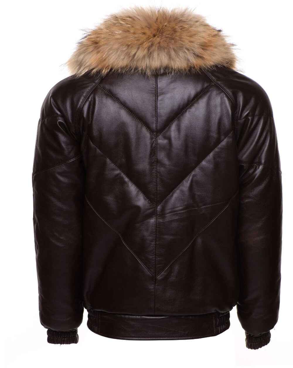 Handmade  Brown V-Bomber Style Puffer Winter Leather Jacket With Fur Collar