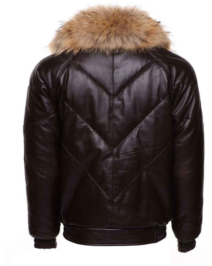 Handmade  Brown V-Bomber Style Puffer Winter Leather Jacket With Fur Collar