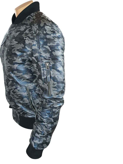 Handmade Bomber Grey Camouflage Military Print Leather Jacket