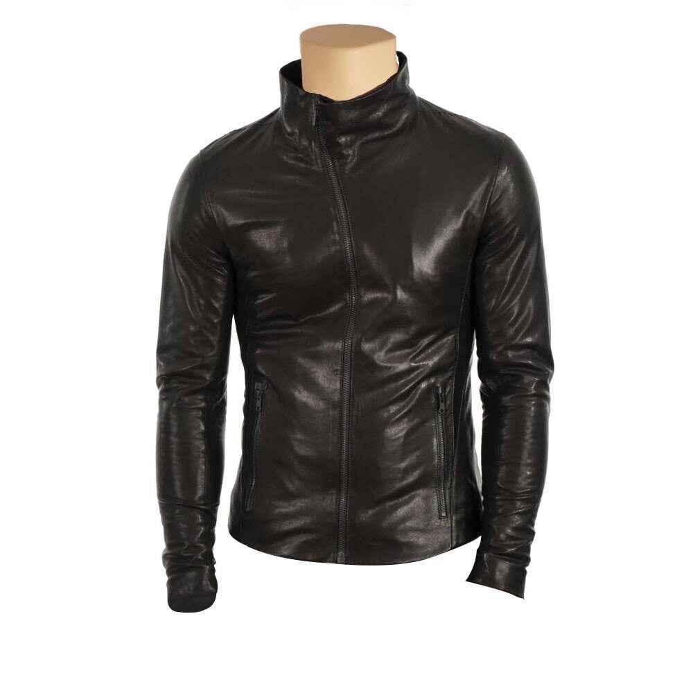 Handmade Black Leather Jacket With High Neck Pullover