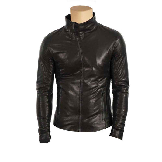 Handmade Black Leather Jacket With High Neck Pullover