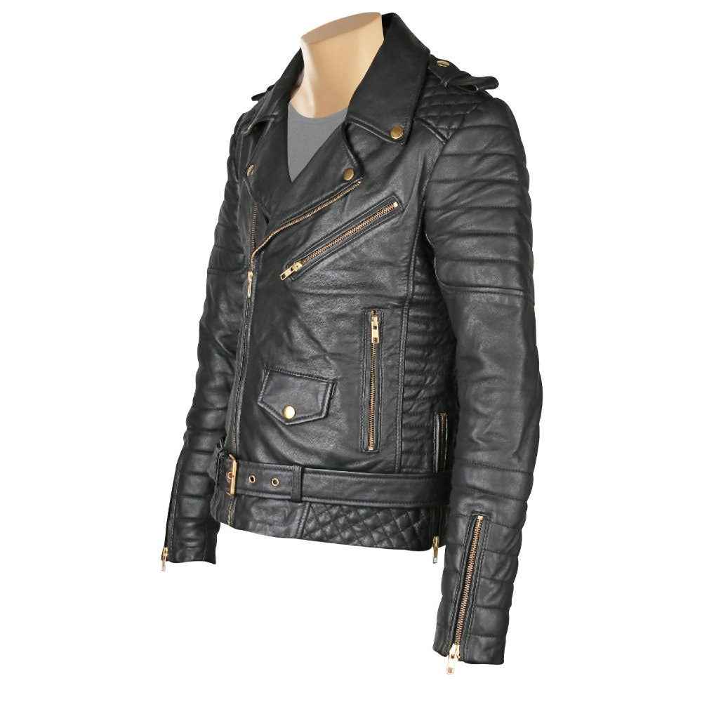 Handmade Mercado's Quilted Biker Leather Jacket With Waist Belt