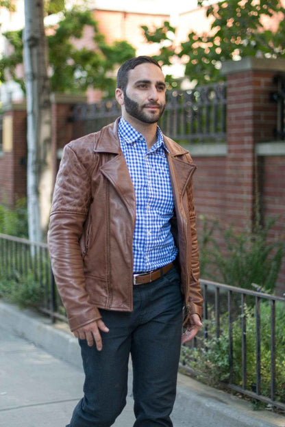 Handmade Distressed Cognac Biker Leather Jacket