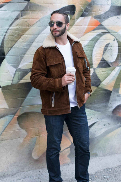 Handmade  Suede Bomber Leather Jacket With Fur Collar