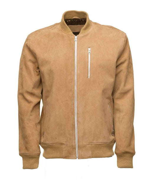 Handmade Sandy Beige Suede Bomber Leather Jacket With Ribbed Cuffs