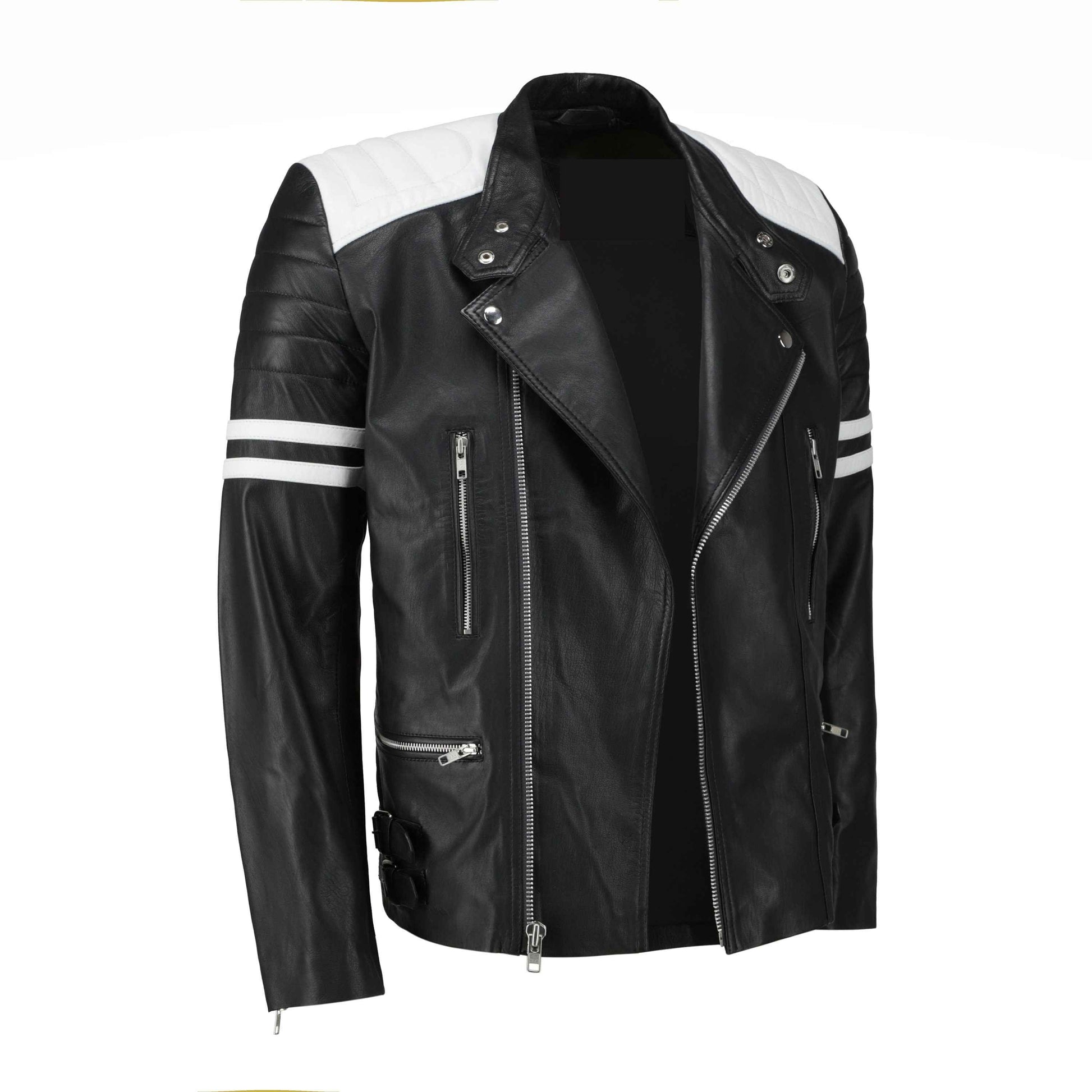 Rodger's White And Black Biker Style Leather Jacket Handcrafted by Ox and Bulls