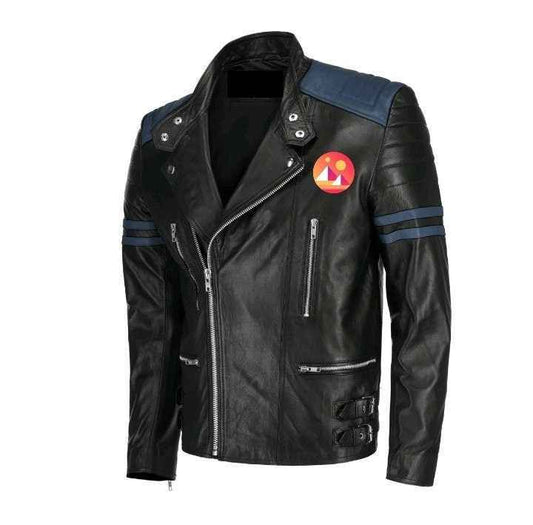 Handmade  Decentaland Bomber Leather Jacket Blue Stripes