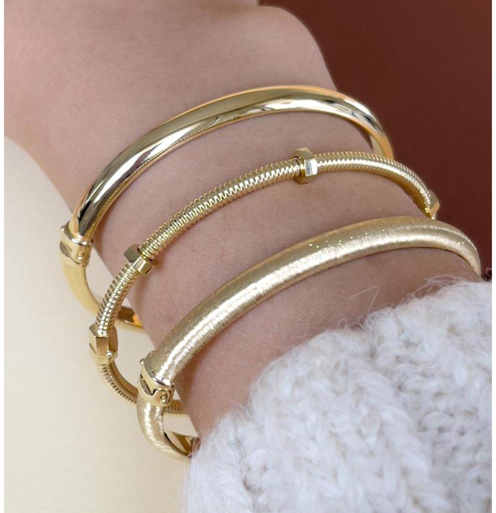 Solid gold triple design bracelet, brushed 14K solid gold cuff bracelet - Solstik