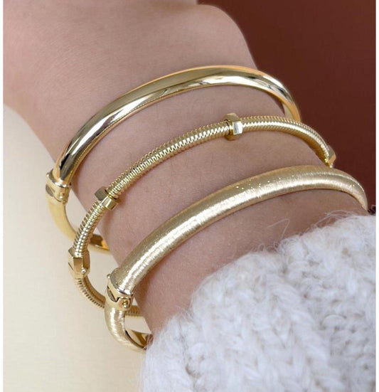 Solid gold triple design bracelet, brushed 14K solid gold cuff bracelet - Solstik