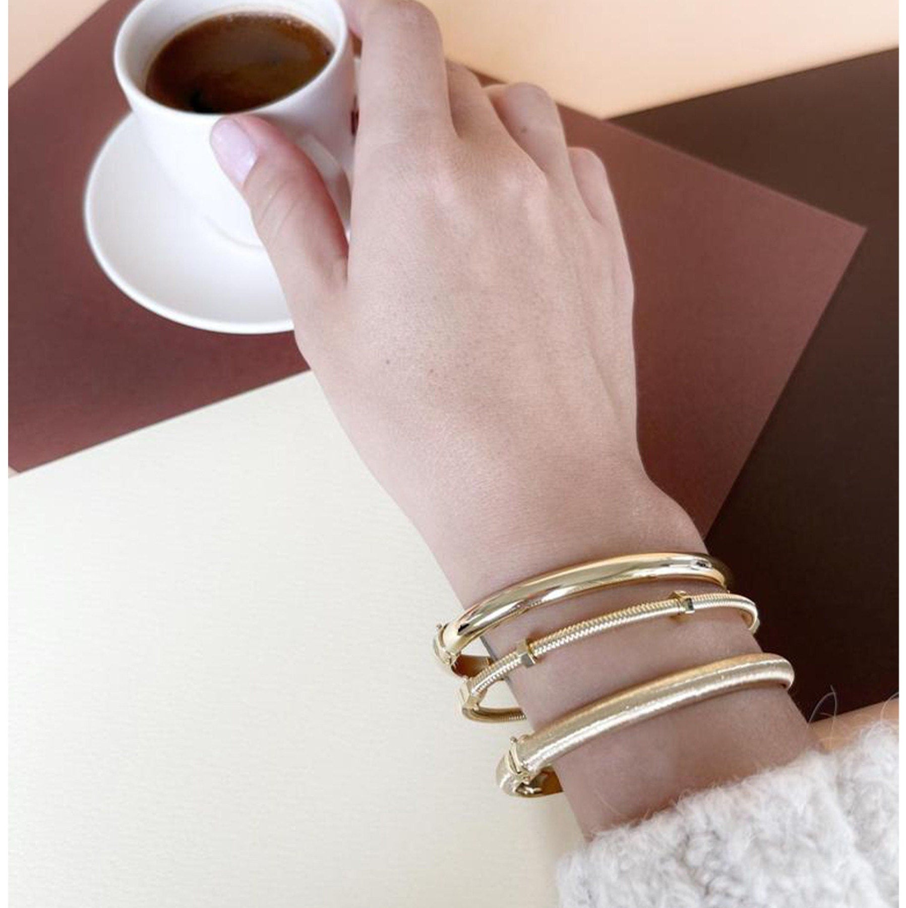 Solid gold triple design bracelet, brushed 14K solid gold cuff bracelet - Solstik