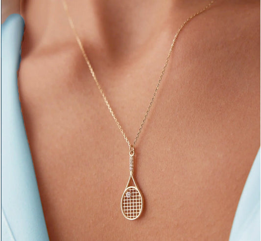 Tennis Racket Necklace, 14K Solid Gold Tennis Racquet Necklace - Solstik